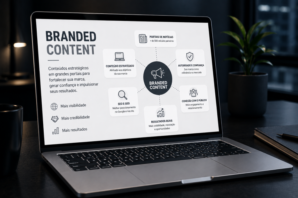 Notebook exibindo estratégia de branded content com distribuição de notícias, SEO, autoridade digital e conexão com o público.