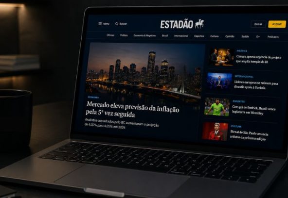 Distribuição de notícias em portais de comunicação, representada por notebook exibindo publicação no Estadão em ambiente corporativo